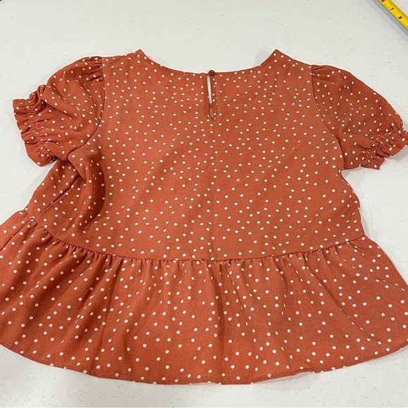 Hippie Rose medium Polka Dot Top Blouse Terracotta Rust Orange White Ruffle Hem - Picture 5 of 5